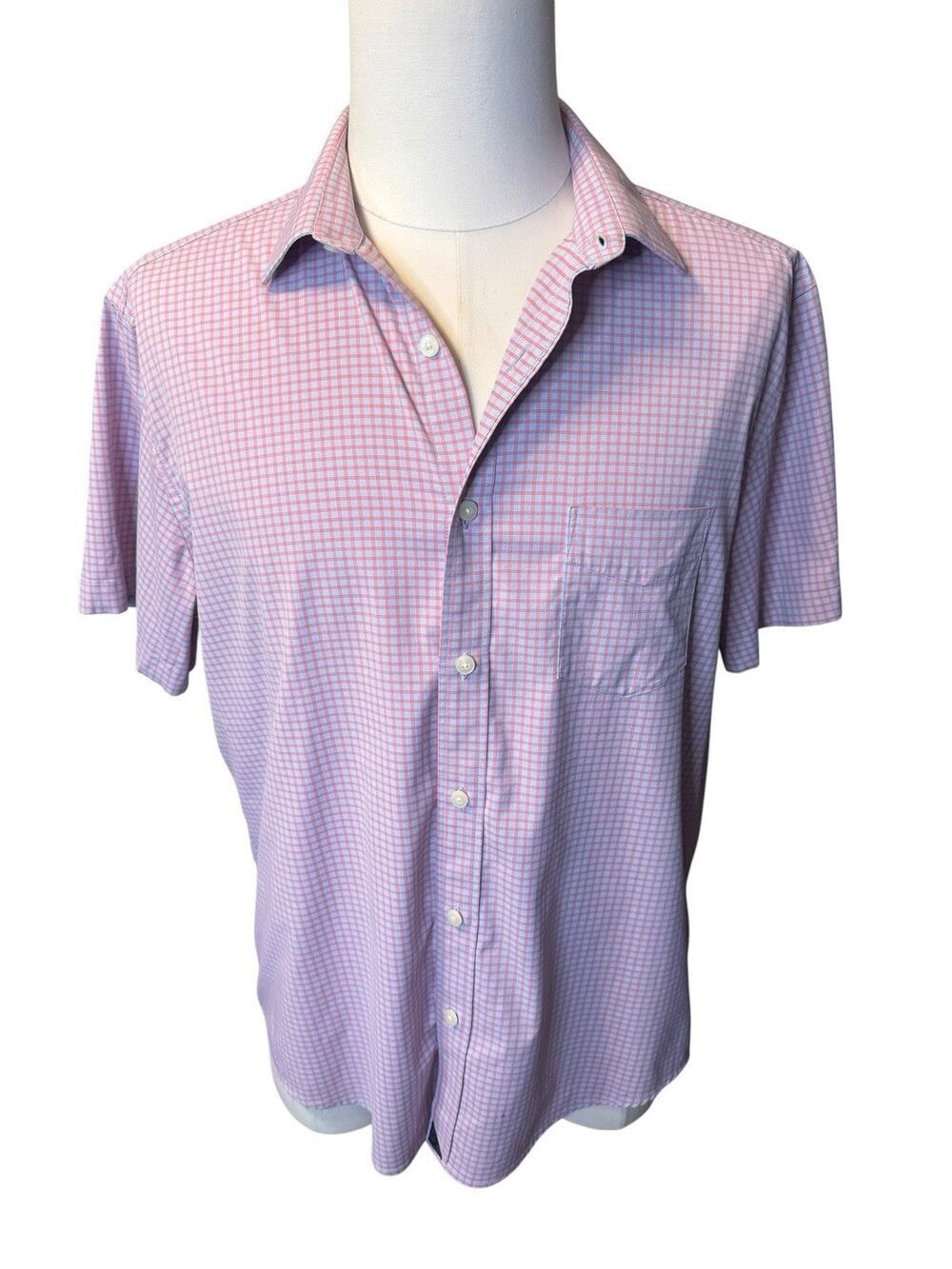 UNTUCKit Shirt XL Pink Blue Micro Check Wrinkle Free Short Sleeve Performance